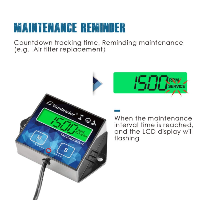 Runleader Backlight Hour Meter Tachometer, Maintenance Reminder, Battery Replaceable, User Shutdown,Use for Lawn Mower Tractor Generator Marine Outboard ATV Motor Snowmobile and Gas Powered Equipment - Image 3